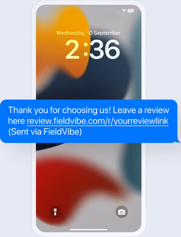A review request text message in FieldVibe