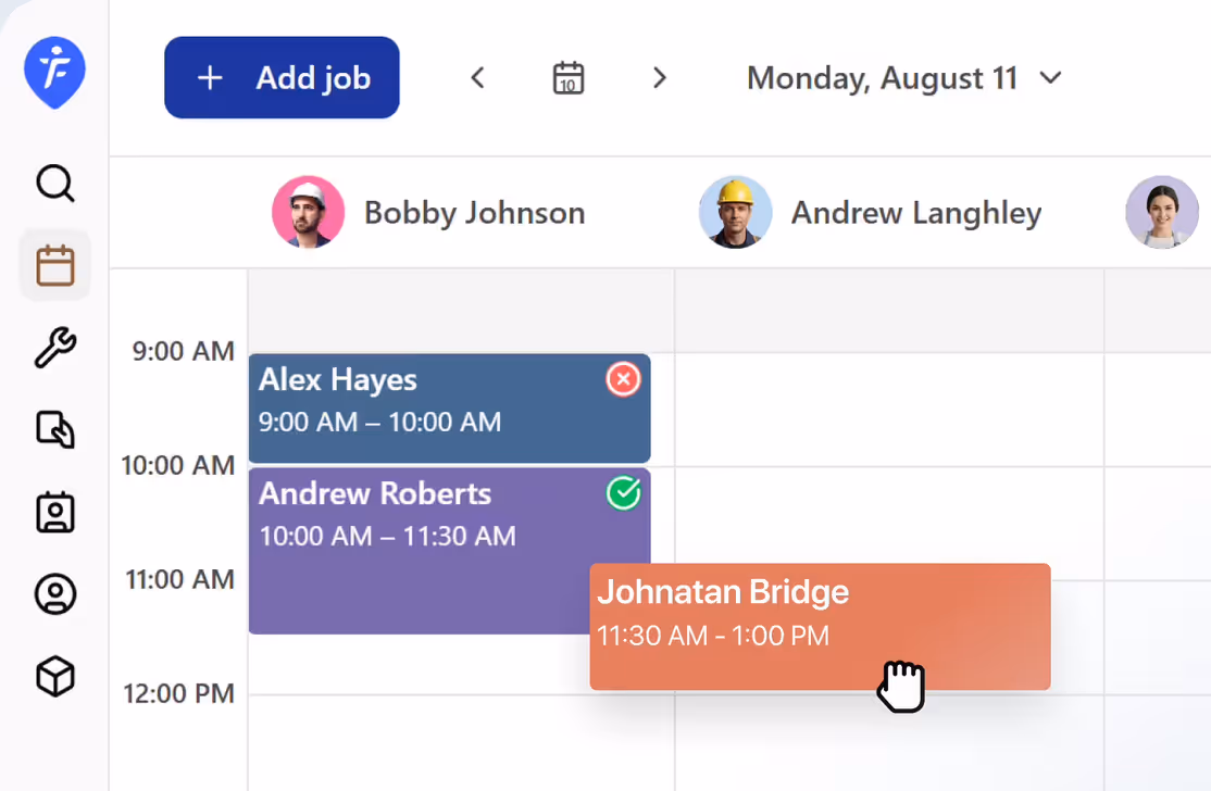 A team calendar with jobs assigned to staff in FieldVibe