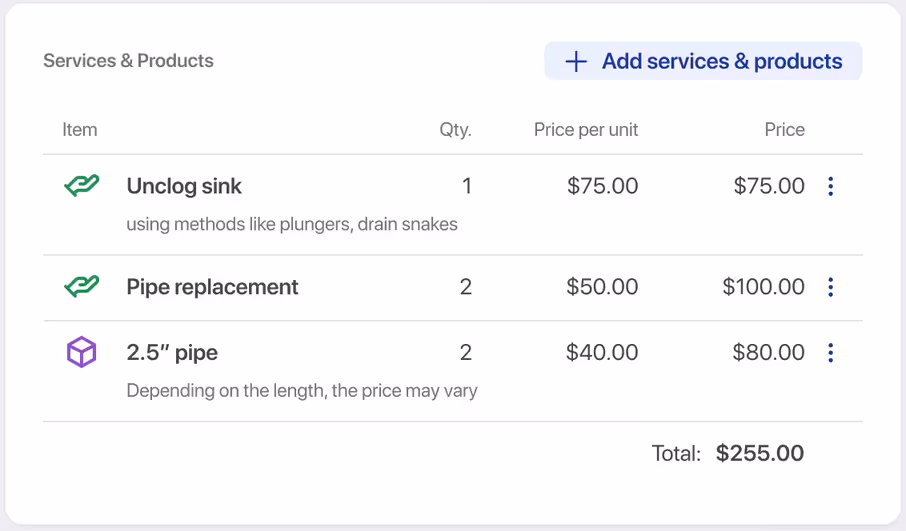 Adding services and products to a job in FieldVibe