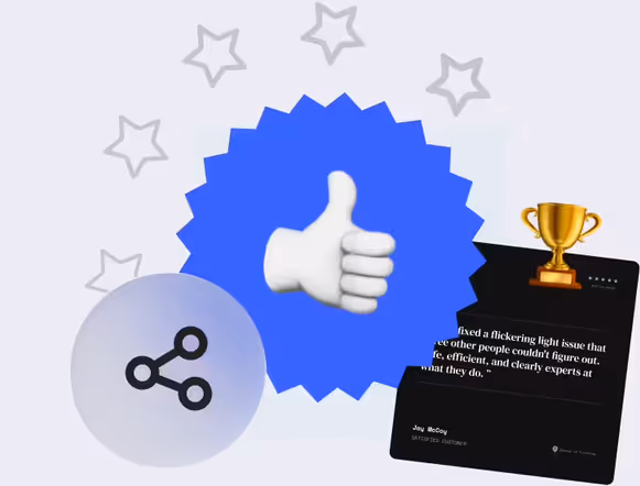 Thumbs up badge with a share icon and a trophy review card