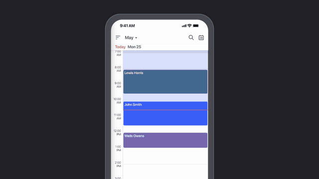 FieldVibe daily view on iOS, showing working hours highlighted on the calendar