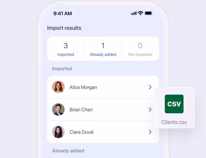 Client import results on a phone next to a CSV file