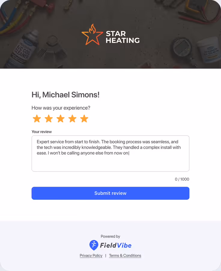 A client leaving a 5-star rating and written review