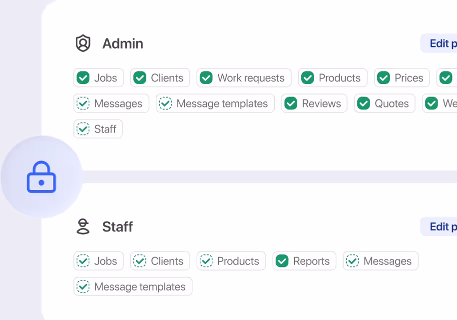 Admin and Staff roles with their permission checkboxes