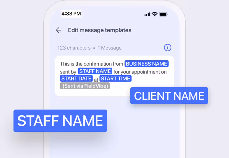 Confirmation message template with business, staff, client name and date placeholders