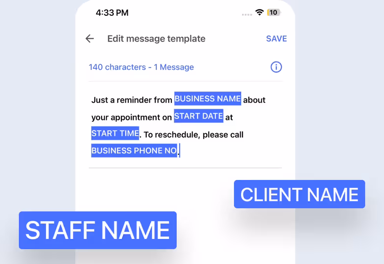 Editing a message template with client and job variables