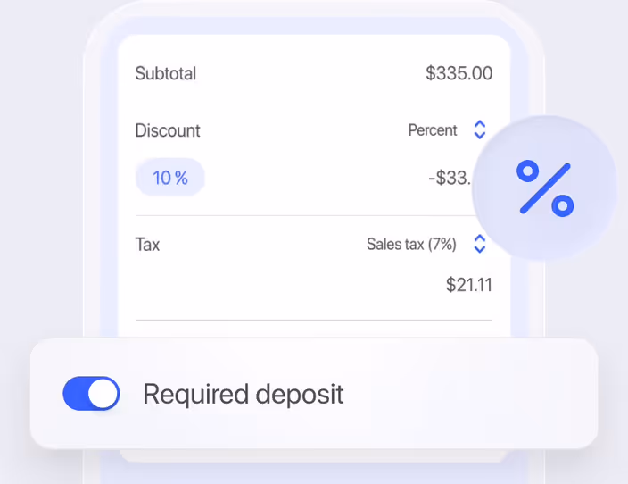 Quote totals with a percent discount, sales tax and a required deposit