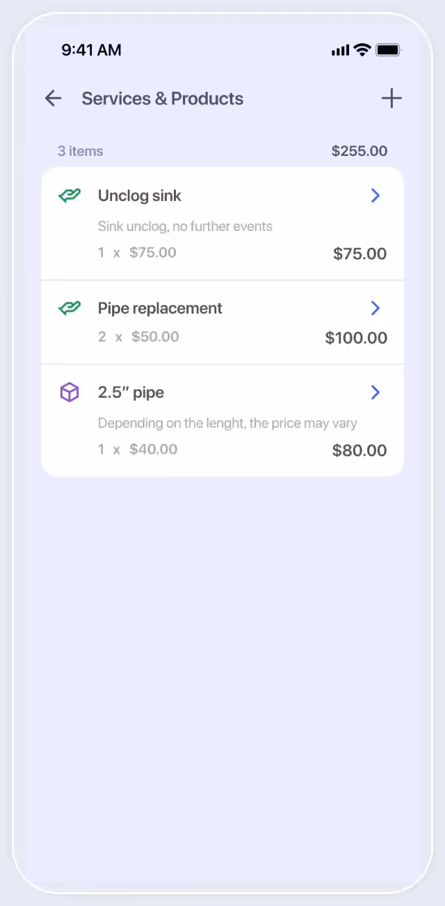 A list of services and products in FieldVibe