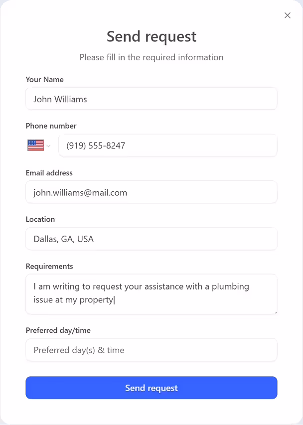 A client request form in FieldVibe