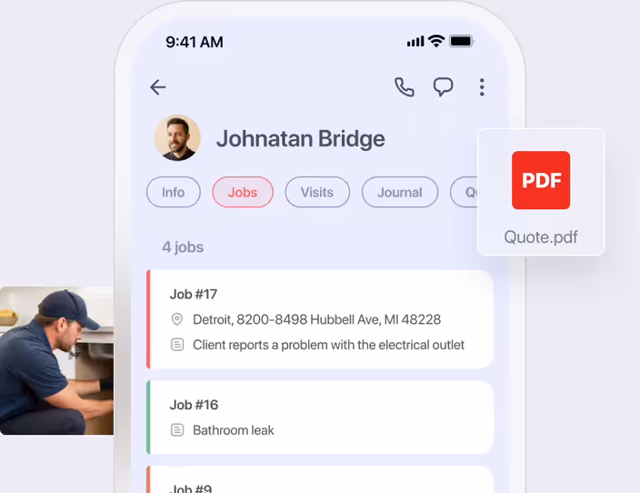 Client profile on a phone listing past jobs, with a quote PDF attached