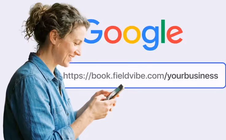 Woman on her phone next to Google and a book.fieldvibe.com business link