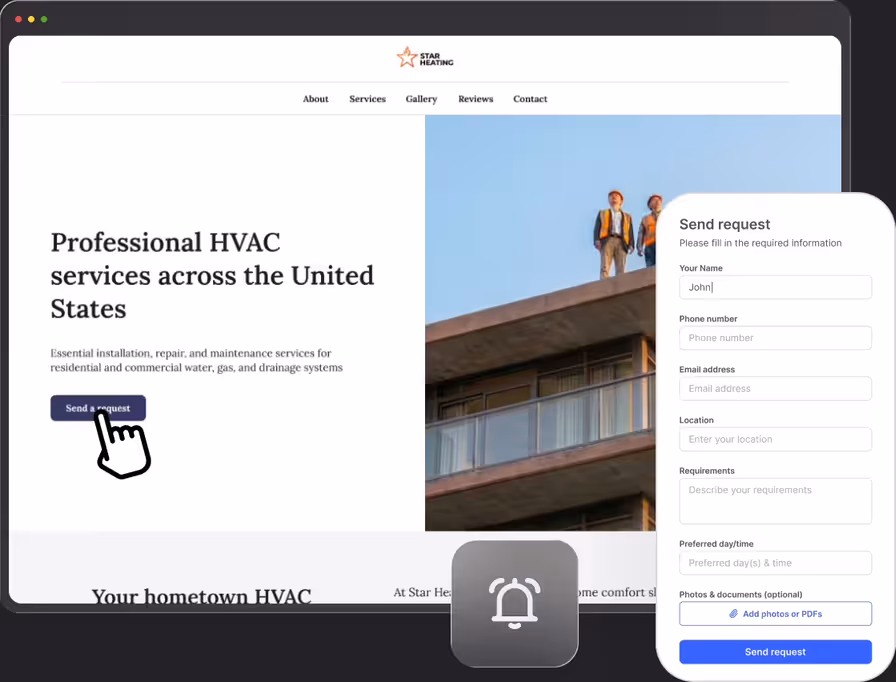 Business website with a Send request form on desktop and phone, and a new request notification