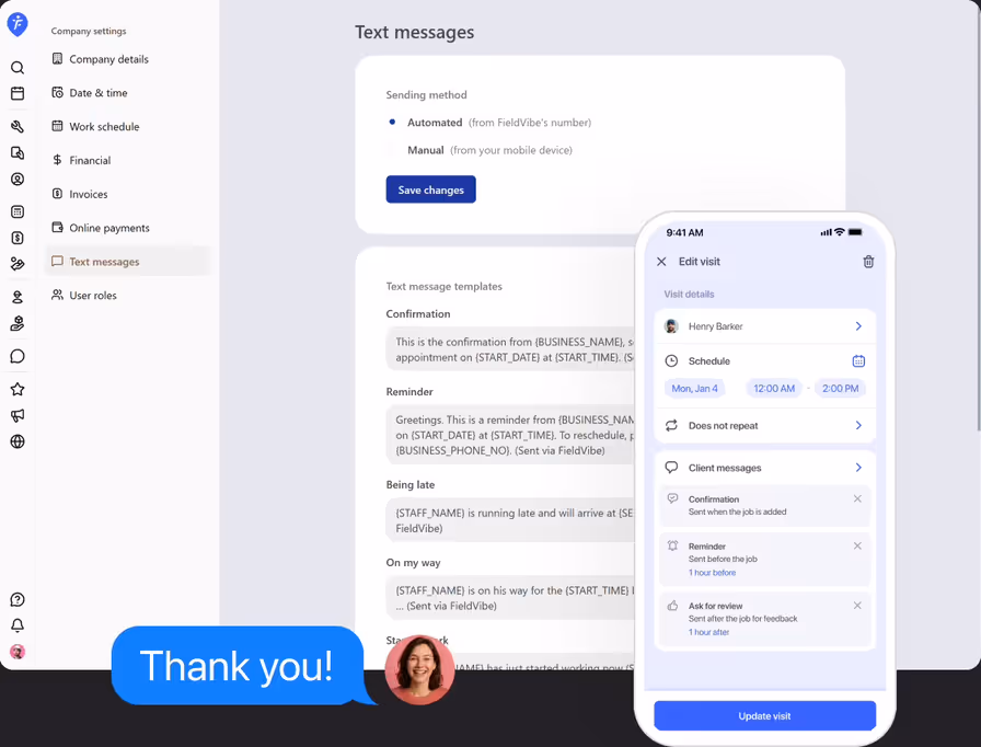 Text message templates in FieldVibe settings on desktop, next to a phone with the visit's client messages