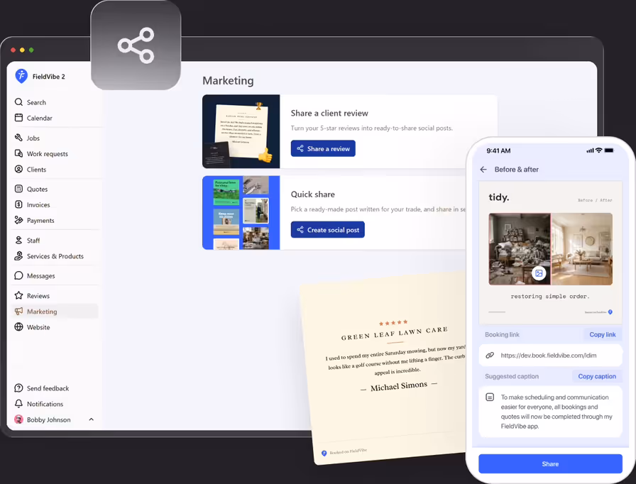 FieldVibe marketing tools on desktop, next to a custom social post being edited on a phone