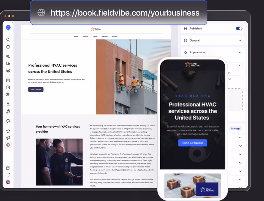 Website settings in FieldVibe on desktop, next to the live business website on a phone