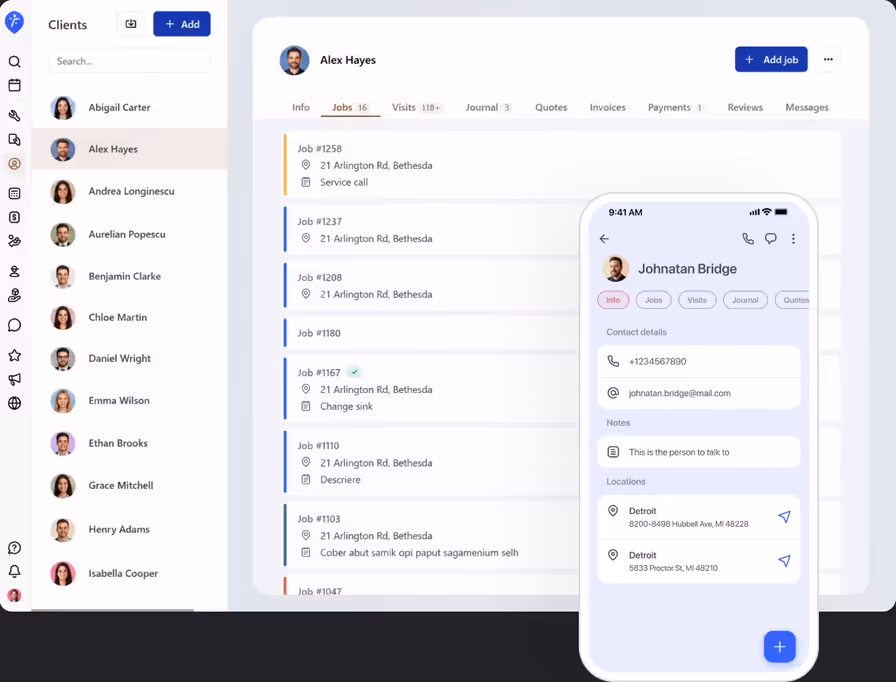 FieldVibe client list and a client's job history on desktop, next to the client's profile on a phone