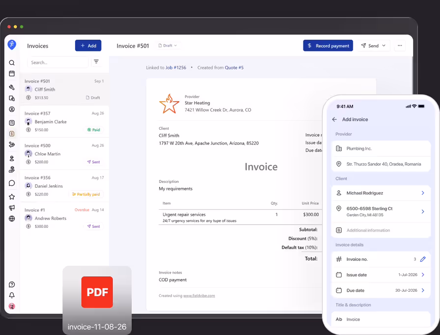 FieldVibe invoice preview on desktop with a PDF export, next to the invoice on a phone