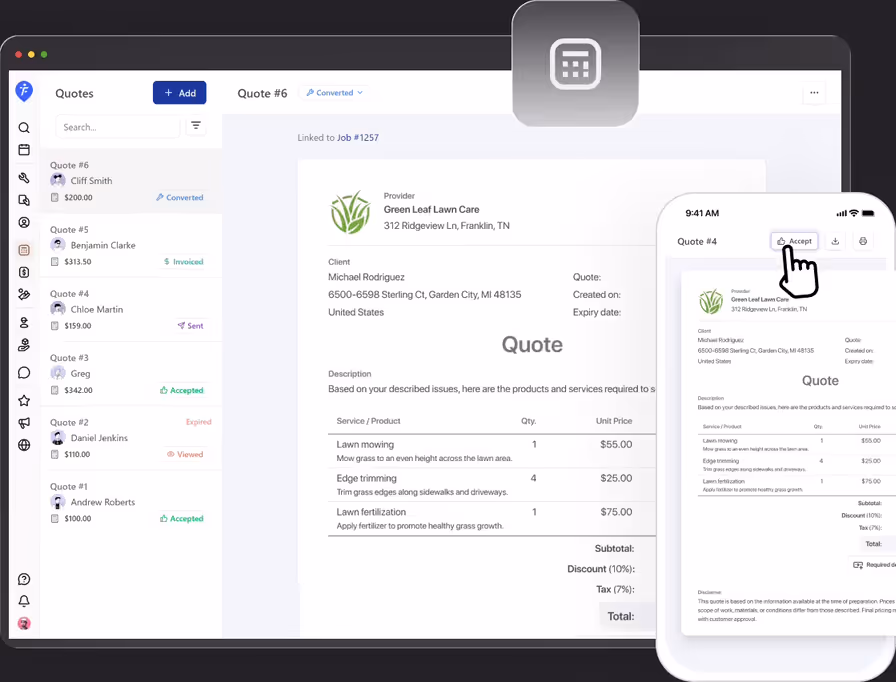 FieldVibe quotes list and quote preview on desktop, next to the same quote on a phone