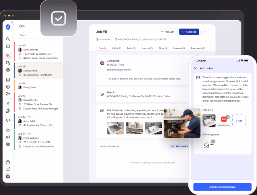 FieldVibe job on desktop with tasks, notes and photos, next to the same job on a phone