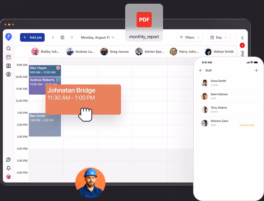 FieldVibe team calendar on desktop with a job being dragged between staff, next to the staff list on a phone