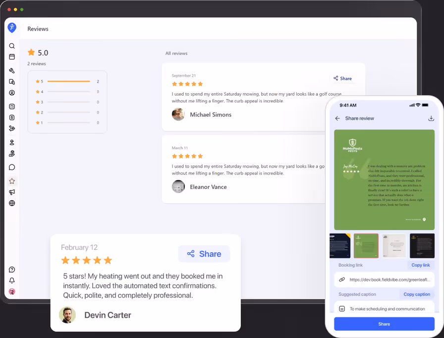 FieldVibe reviews list on desktop with a 5-star review, next to a review share image on a phone