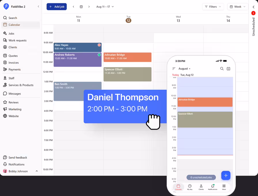 FieldVibe weekly job calendar on desktop with a visit being dragged, next to the day calendar on a phone