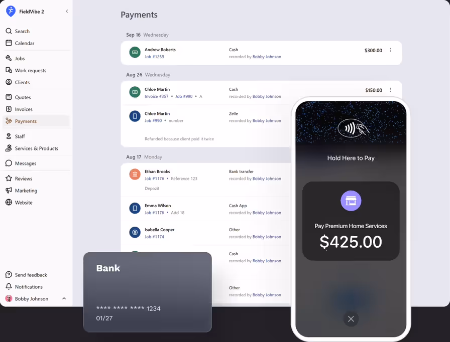 FieldVibe payments list on desktop, next to Tap to Pay on iPhone taking $425.00 from a card