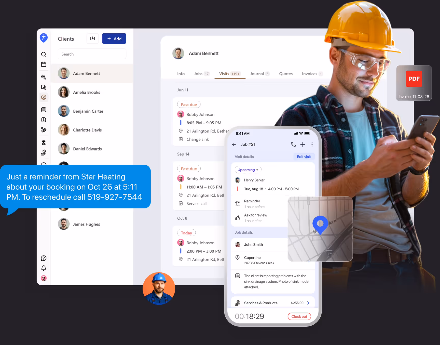 Contractor using a phone next to the FieldVibe client visits list, a job on mobile, a reminder text and a PDF invoice