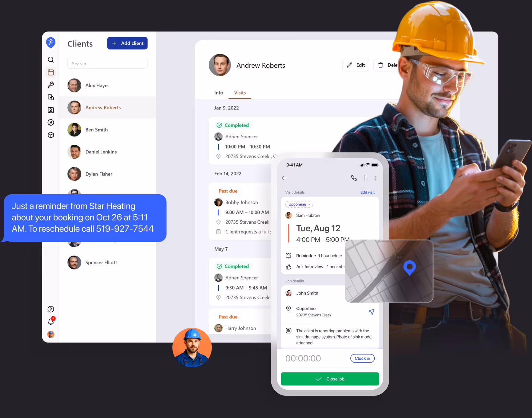 The FieldVibe app — client list, job details, and reminders