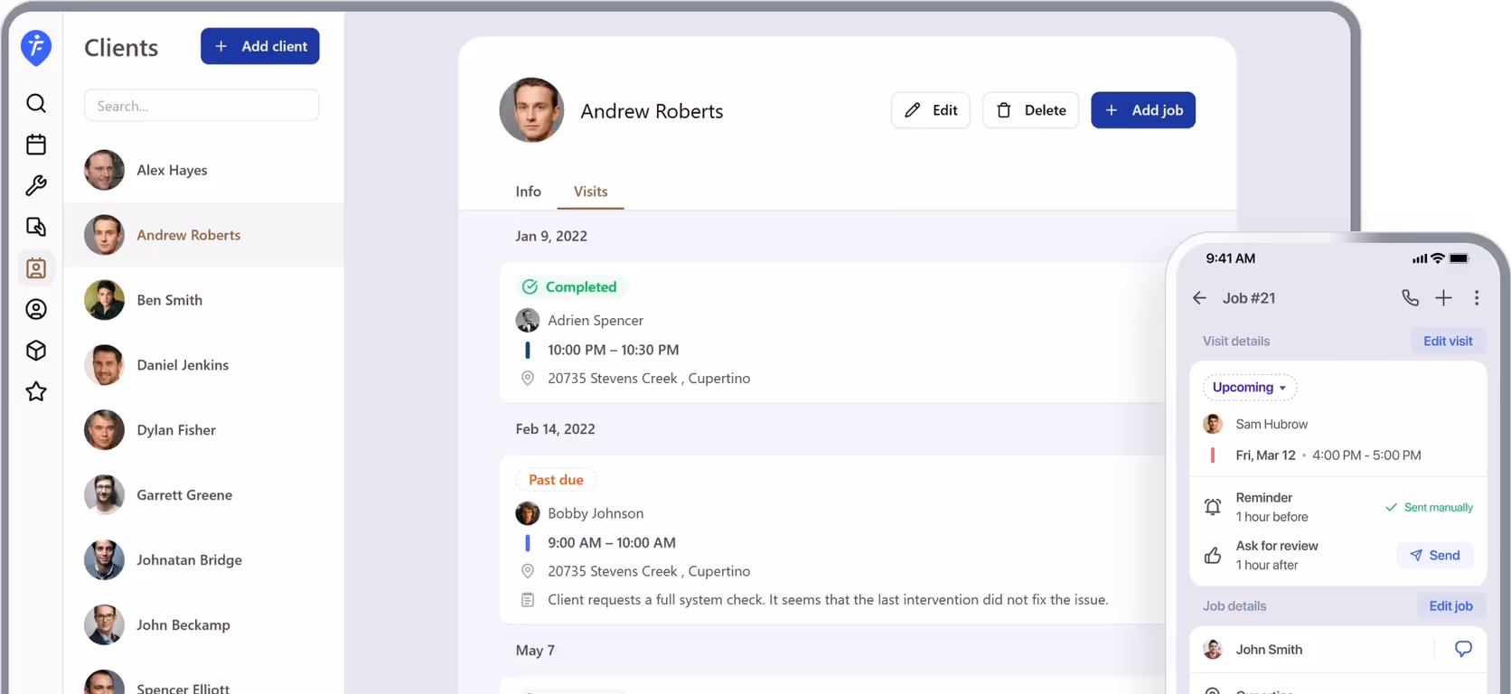 FieldVibe scheduling app showing client list and job details