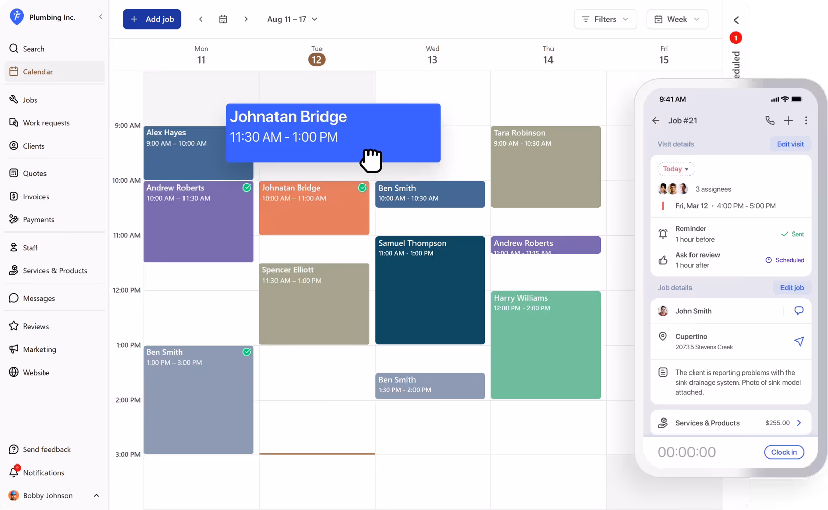 FieldVibe calendar on desktop and job details on mobile