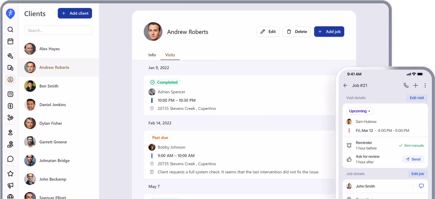 FieldVibe scheduling app showing client list and job details