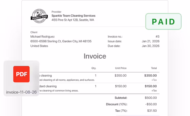 Cleaning invoice marked Paid, with a PDF copy