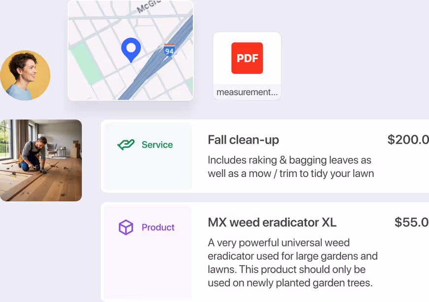 Job with client photo, map, PDF attachment, service and product lines