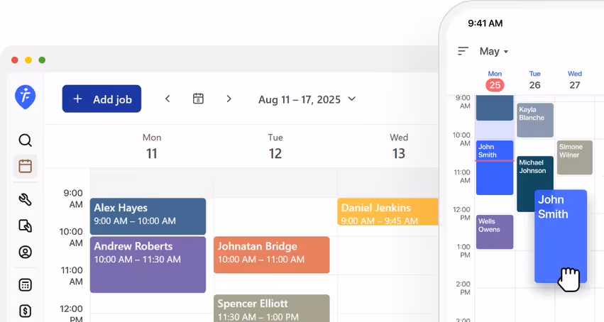 Weekly job calendar on desktop with color-coded visits, next to a phone calendar