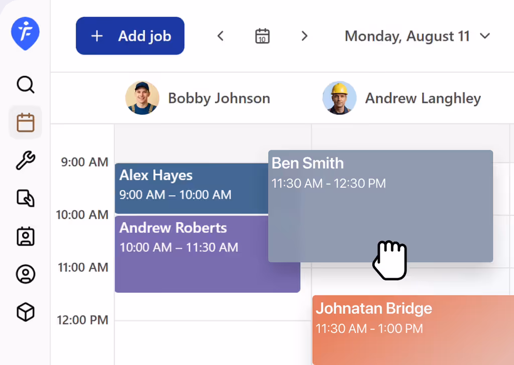 Team calendar with a job dragged from one staff member's column to another