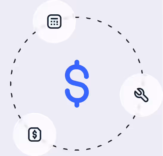 Dollar icon circled by quote, job and invoice icons