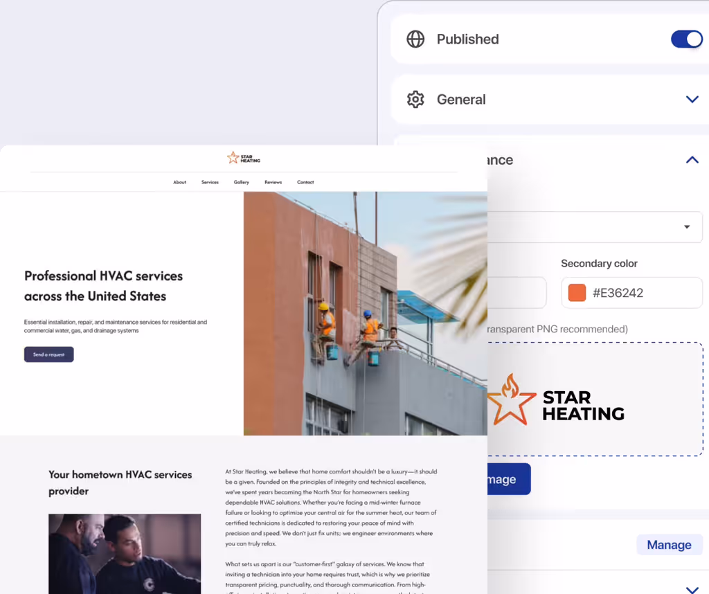 Business website editor with branding settings next to the website preview