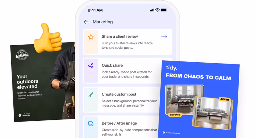 Marketing screen with review, quick and custom post options, next to before-and-after social posts