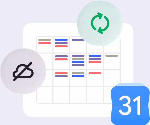Calendar with offline, sync and Google Calendar icons