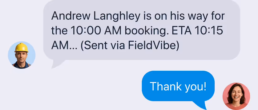 On-my-way text with an ETA and the client replying Thank you