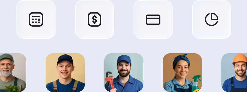 Feature icons for quotes, invoices, payments and reports above a row of team members
