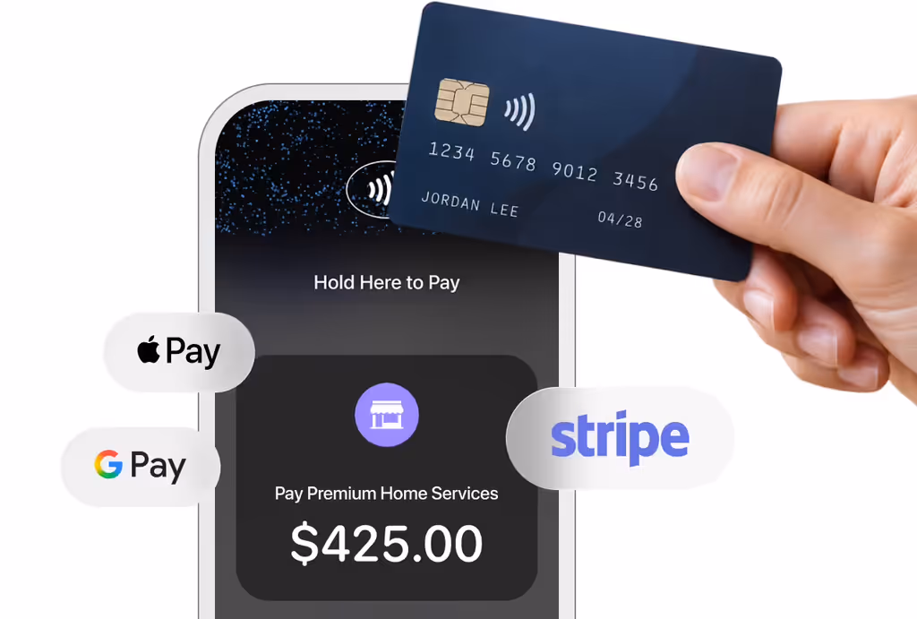 Card tapped on a phone to pay $425.00, with Apple Pay, Google Pay and Stripe