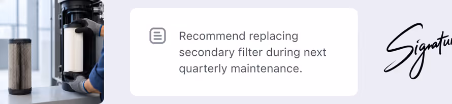 Job photo, a note recommending a filter replacement, and a client signature