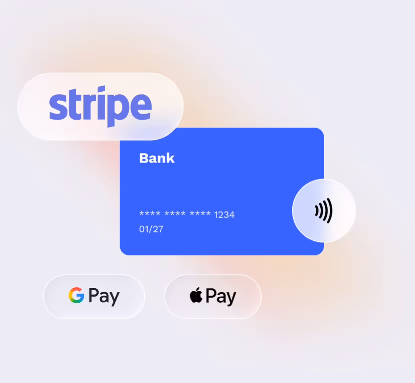 Stripe logo with a contactless bank card, Google Pay and Apple Pay