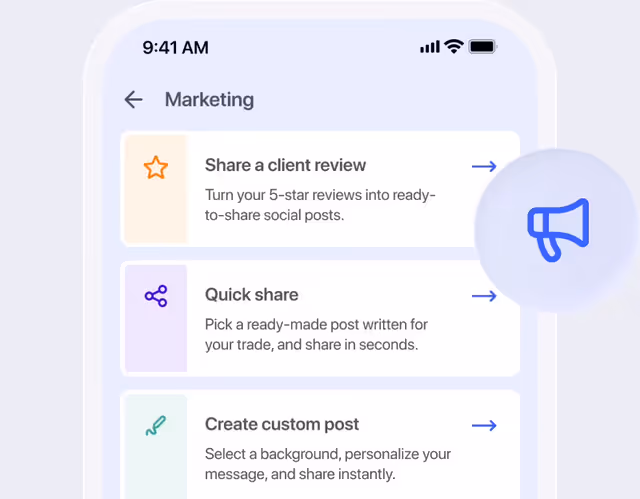 Marketing screen with share a client review, quick share and create custom post