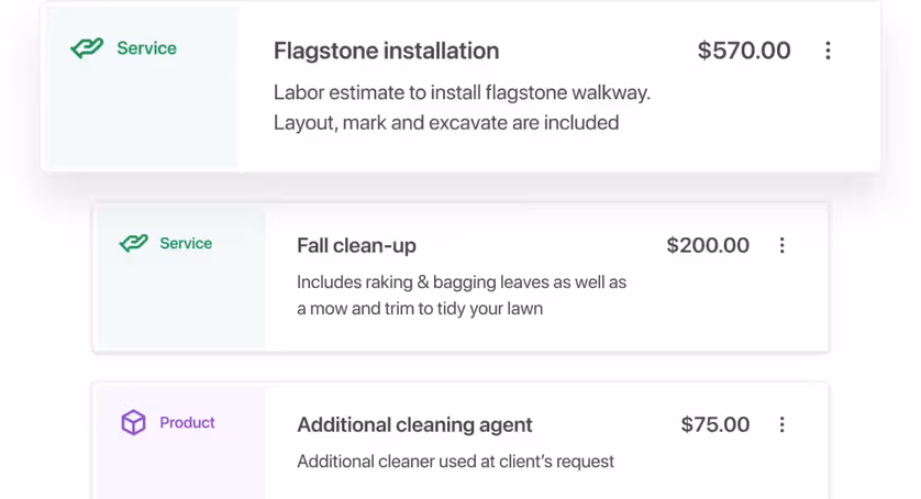 Price book services and a product with prices, like flagstone installation and fall clean-up