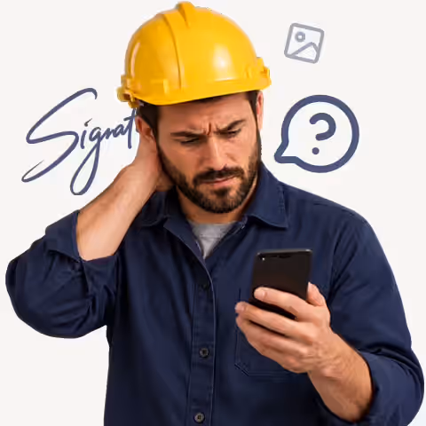 Worried contractor in a hard hat looking at his phone, with signature, photo and question icons