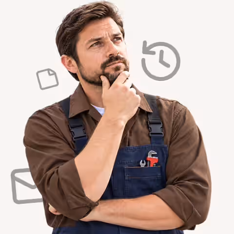 Contractor thinking with his hand on his chin, surrounded by note, history and message icons