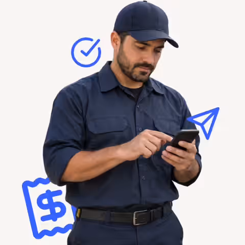 Contractor in a cap using his phone, with check, send and invoice icons